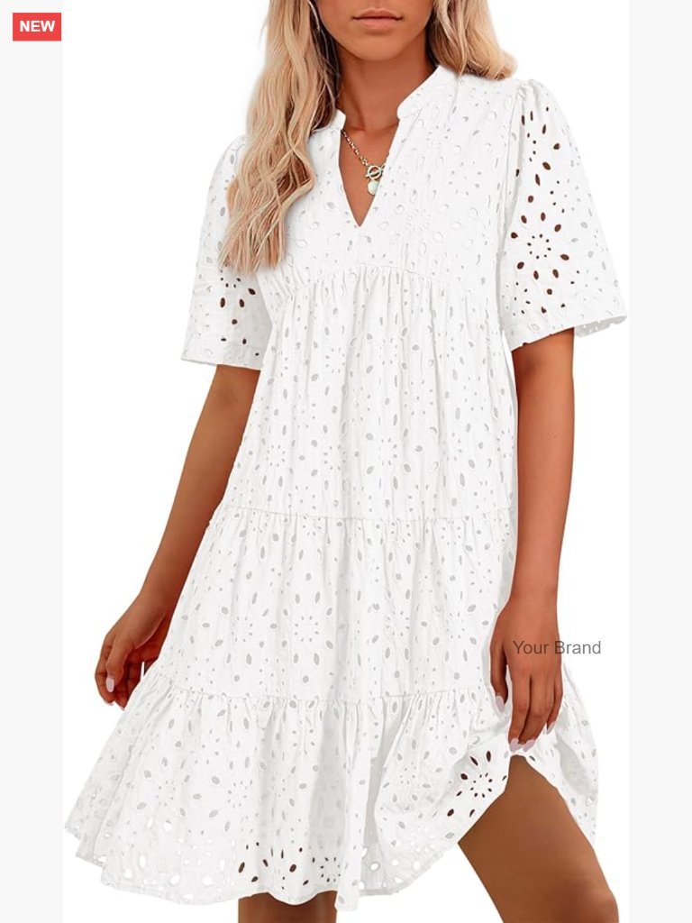 Boho Mini Dress V Neck Short Sleeve Hollow Out Lace Tiered Beach Casual Summer